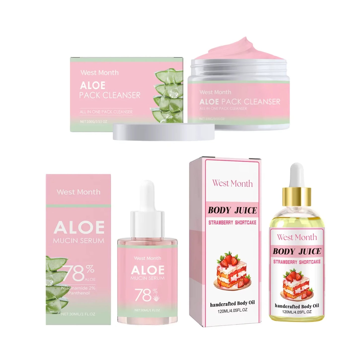 West&Month 120ml Strawberry Body Juice Oil Aloe Cleanser Serum Massage Aromatherapy Glow Relieve Dry Care Smooth Body Scent Oil
