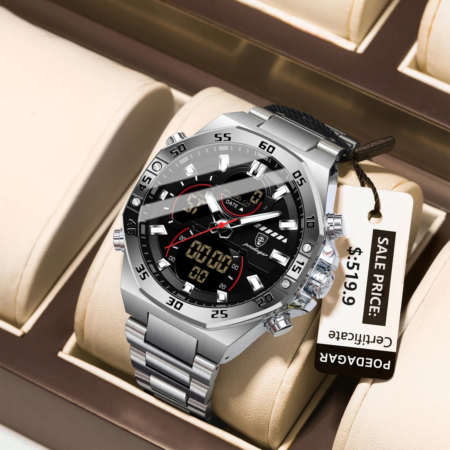 POEDAGAR Top Sport Men Clock LED Luminous Waterproof Week Date Man Watch Electronic Stainless Steel Fashion Quartz Men's Watches