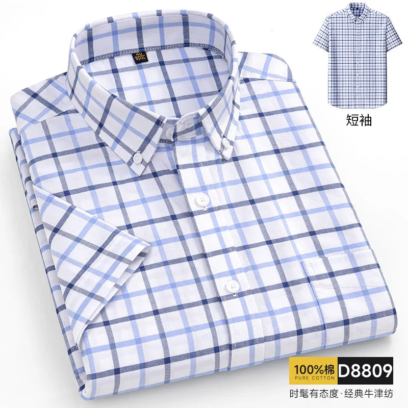 Summer 100% Pure Cotton Men Shirts Short Sleeve Dress Shirts Male Slim Social Business Blouse Solid Color Oxford Shirt 7XL 8XL