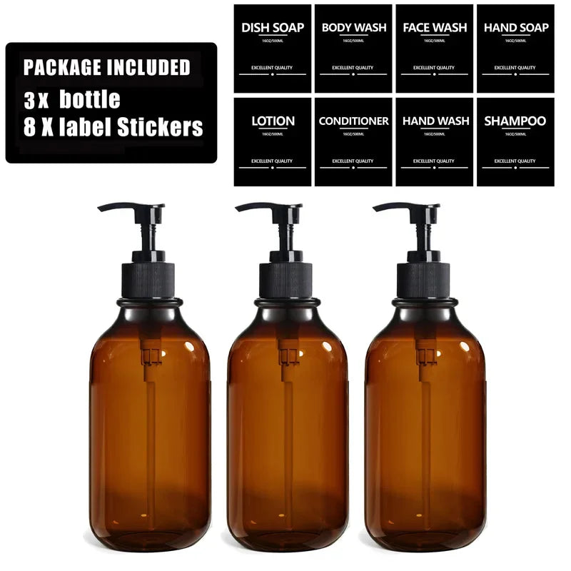 1-3PCS 500ML Brown Soap Dispenser With Label Refillable Shampoo Empty Pump Bottle Kitchen Bathroom Hand Wash Body Wash Container
