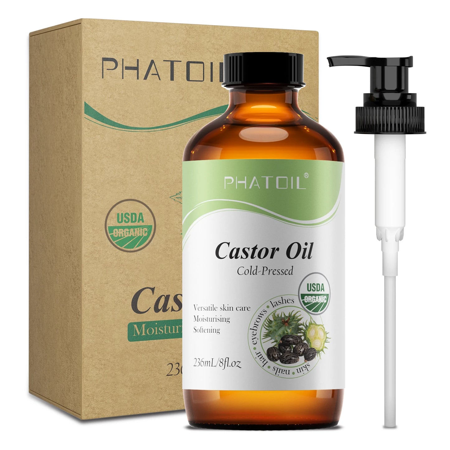 PHATOIL 118ml/236ml Organic Castor Oil 100% Pure and Natural Cold Pressed Castor Oil for Hair Growth, Eyelashes and Eyebrows
