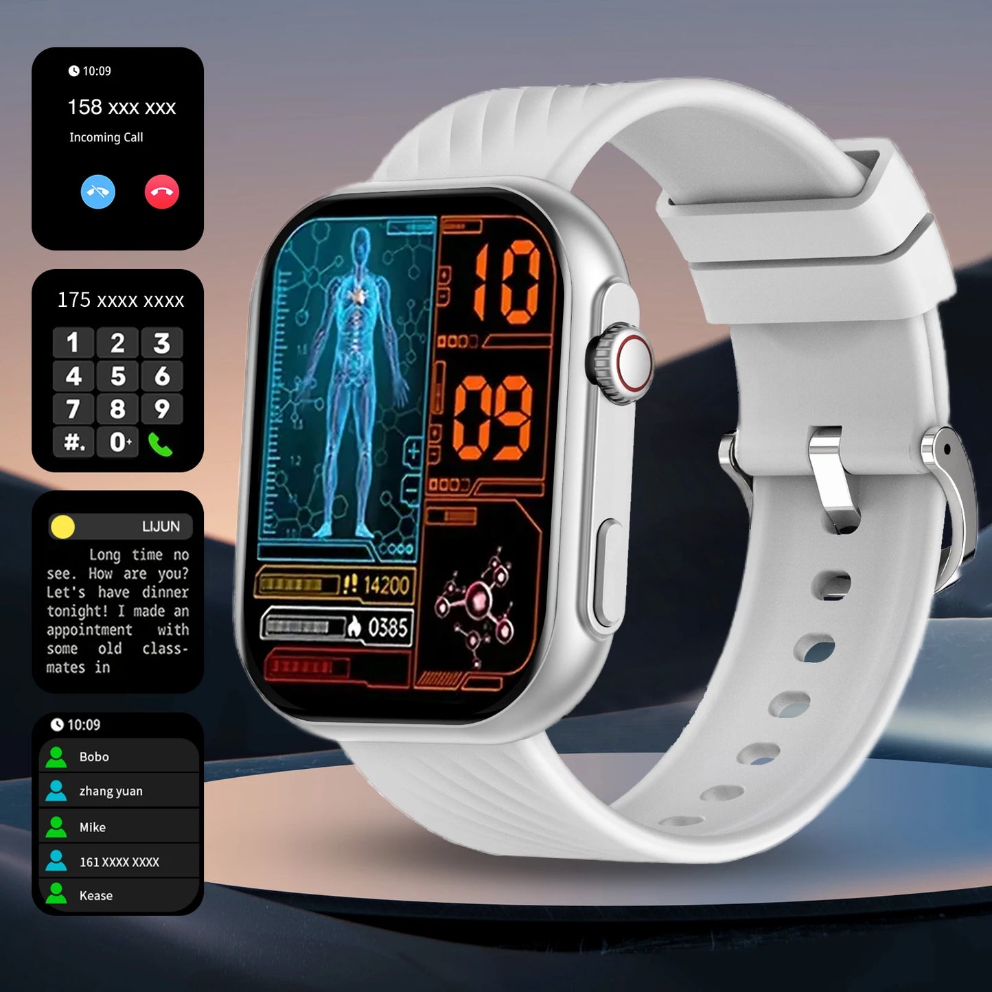 Smart watch, wireless calling, message reminder, multi-sport mode, 2.01-inch HD screen, custom dial wallpaper, unisex