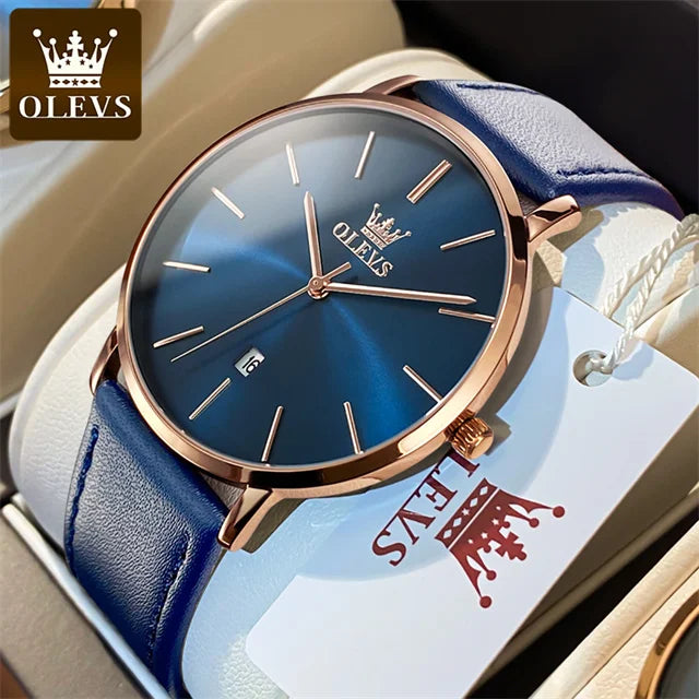 Top Brand OLEVS Ultra Thin 6.5mm Minimalist Fashion Quartz Watch for Men Leather Strap Auto Date Male Waterproof Mens Wristwatch