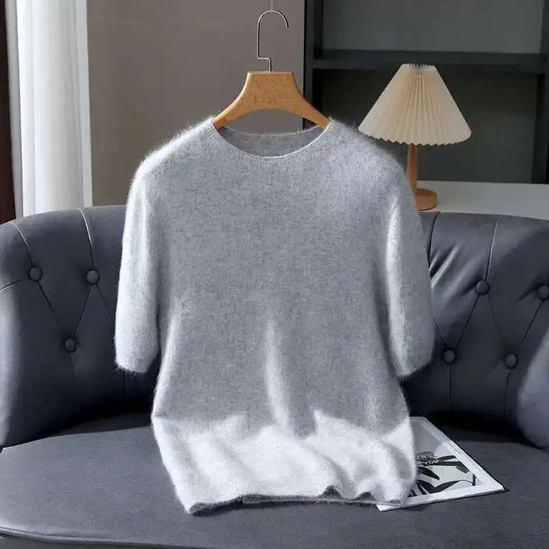 100% Mink Cashmere Knit Sweater Men's T-Shirt Spring Summer Loose O-Neck Solid Color Casual Business Base Pullover Short Sleeve