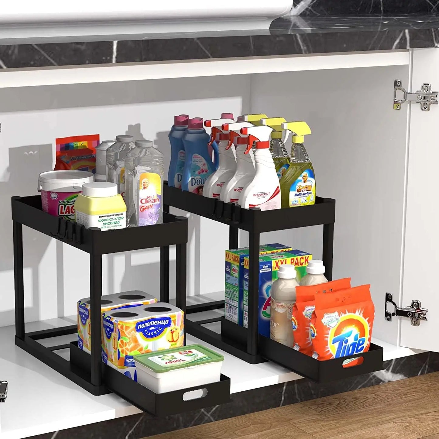 Double-tier sink-mounted storage rack, kitchen cabinet shelving unit, multi-purpose bathroom storage basket.
