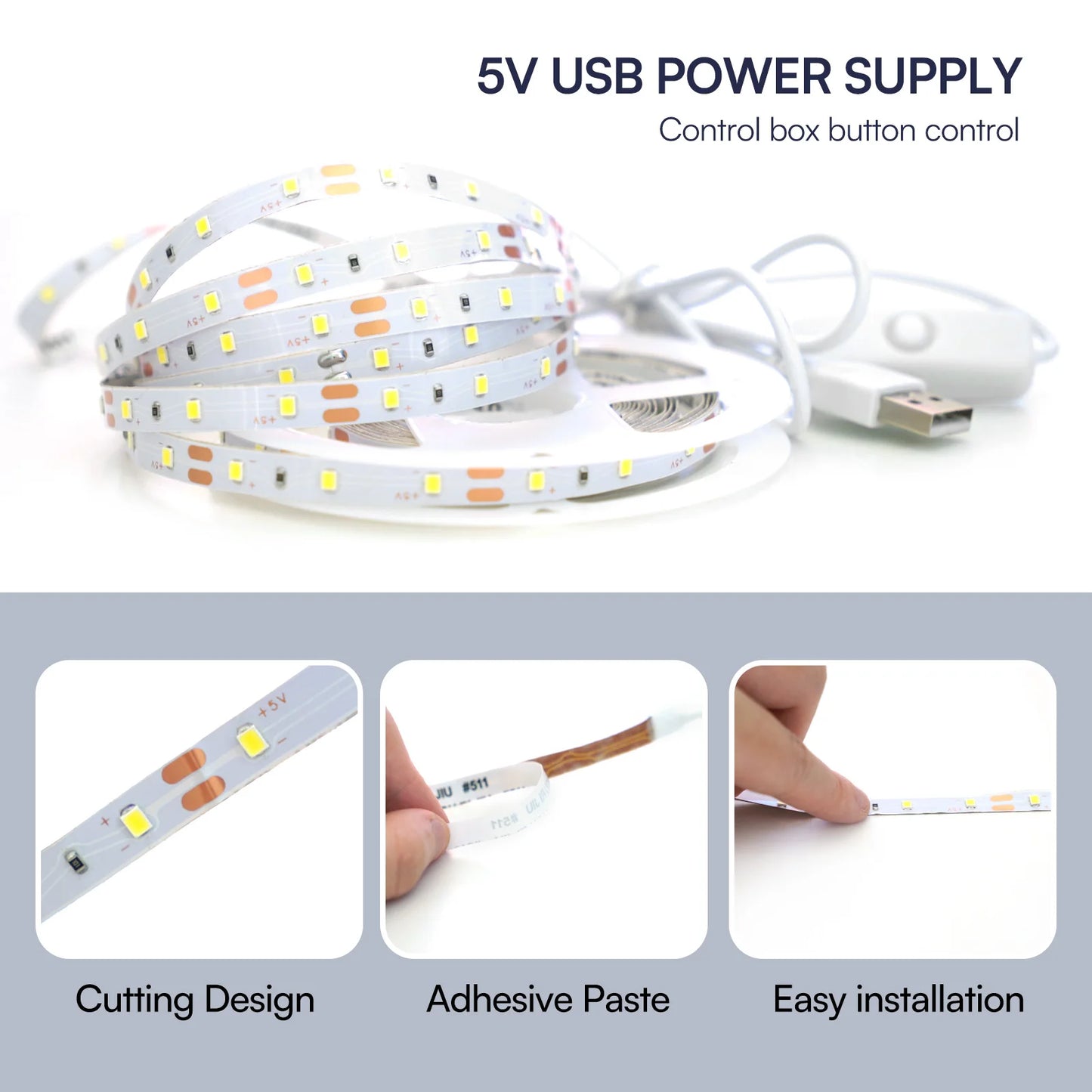 White LED Strip Light 16.4FT 5V USB Light Powered Flexible SMD2835 Tape Lights for Bedroom, TV Backlight, Kitchen, Mirror Dec