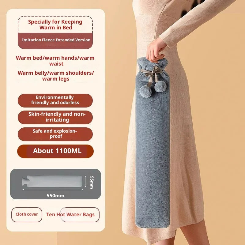 2000ML Extra Long Hot Water Bottle 76x10cm Soft Plush Removable Cover for Waist Back Hand Foot Warmth Pain Relief Winter Use