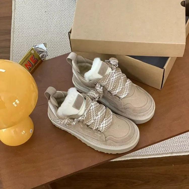 Women's cotton shoes 2025 new snow boots with plush and thickened fur integrated warmth and anti slip winter women's shoes