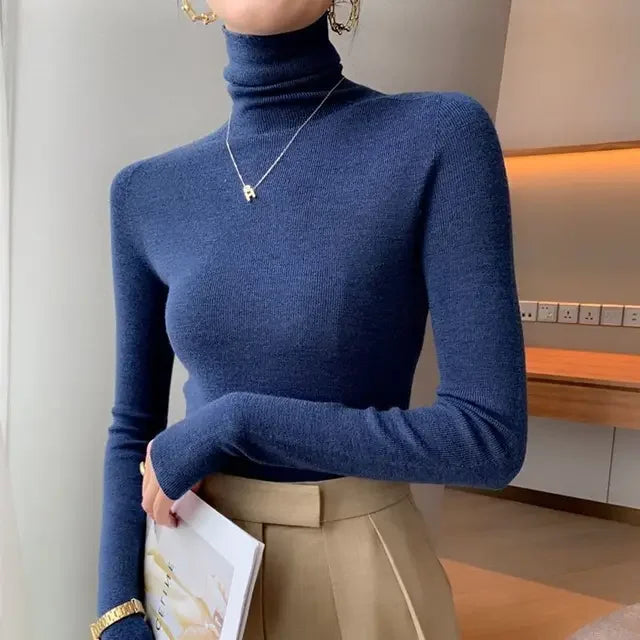 2025 Korean Style Turtleneck Long Sleeve Pullover Fashion Soft Warm Basic Sweater Women's Autumn Winter Slim Solid Knitwear Tops