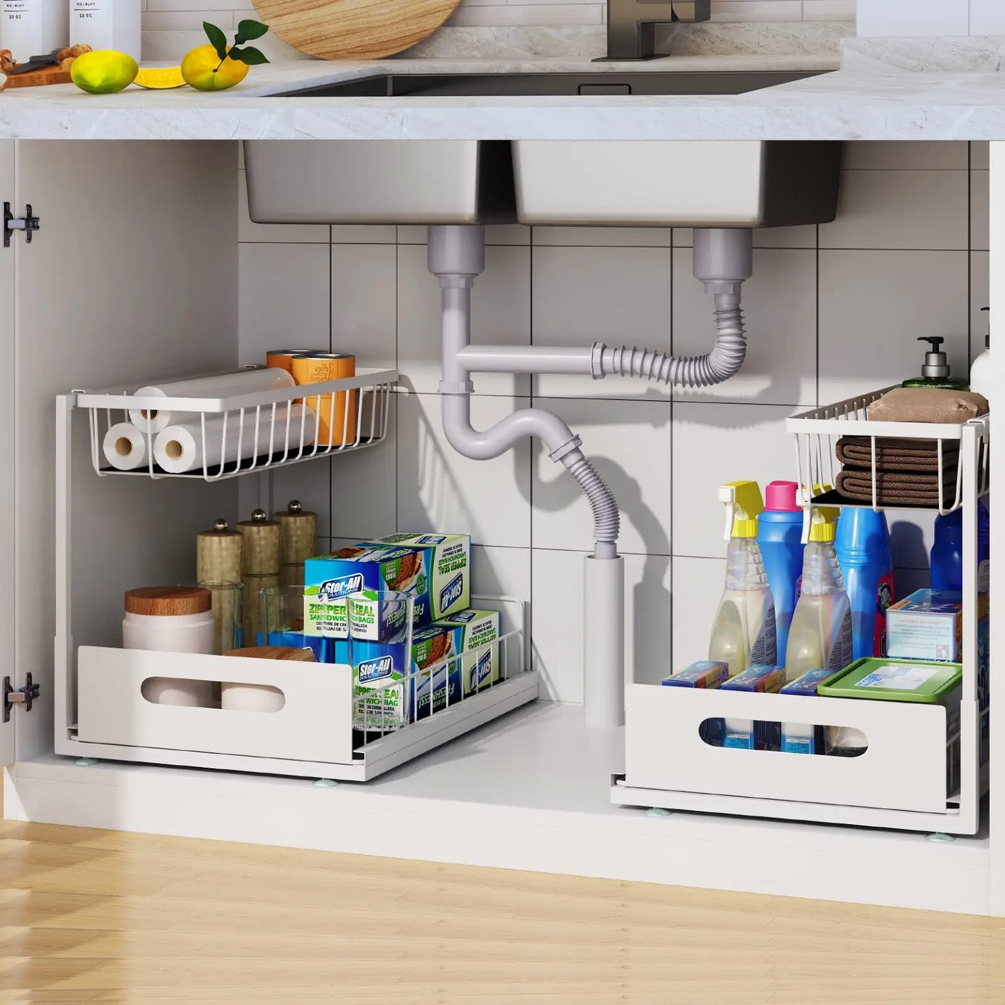 Under Sink 2 Tier Sliding Cabinet Basket Organizer Drawer Pull Out Cabinet Multi-Purpose Sink Organizer for Bathroom Kitchen