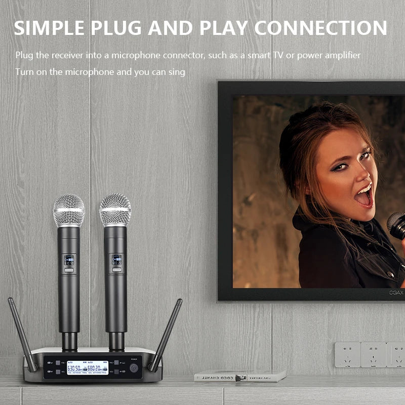 Wireless Microphone Handheld Dual Channels UHF Fixed Frequency Dynamic Mic For Karaoke Wedding Party Band Church Show