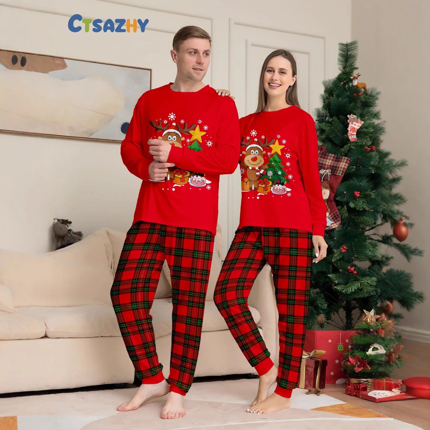 2025 Christmas Family Matching Pajamas Adult Kid Baby Outfits Deer Stars Tree Tops+Pants 2PCS Xmas Sleepwear Pyjamas Dog Clothes