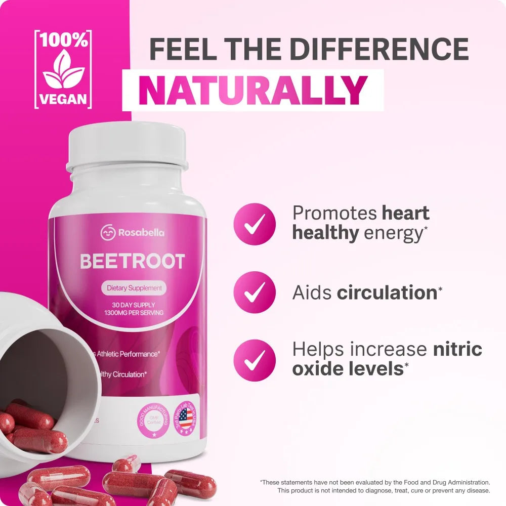 Organic Beetroot - 1300 Mg Beetroot Powder, Natural Energy & Endurance Support, Non-GMO - 60 Capsules