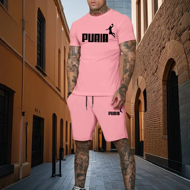 Summer fashion men's two-piece set men's casual sports set printed short sleeved set men's T-shirt+shorts fitness sportswear