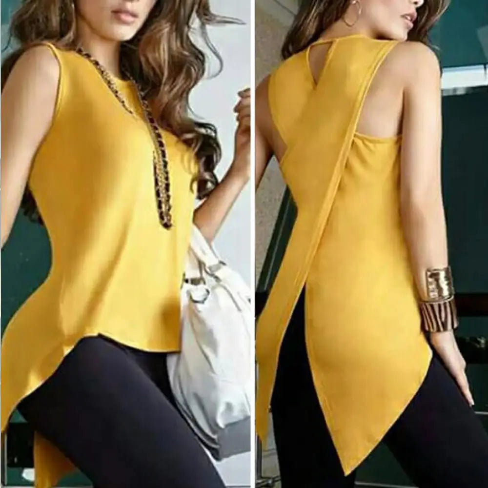 Hot apparel Summer Sexy Women Back Cross Irregular T Shirt Fashion Solid Color Sleeveless Slim Tank Top Vest