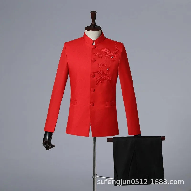 2025 New Men Chinese Style Embroidered Standing Collar Suit 2 Piece Fashion Homme Wedding Prom Party Performance Blazer and Pant