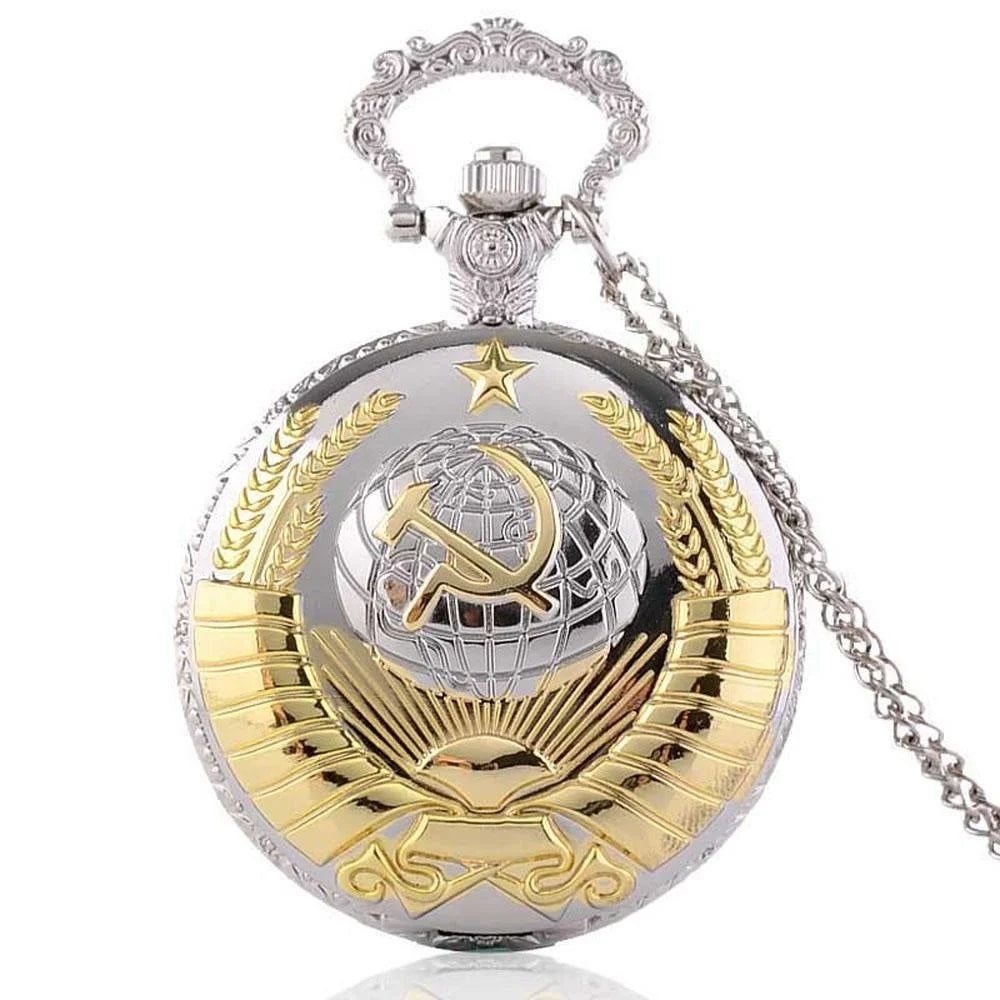 Vintage Emblem Soviet Badges Hammer Sickle Pocket Watch Retro Russia Army Communism Necklace Clock Chain for Men Women