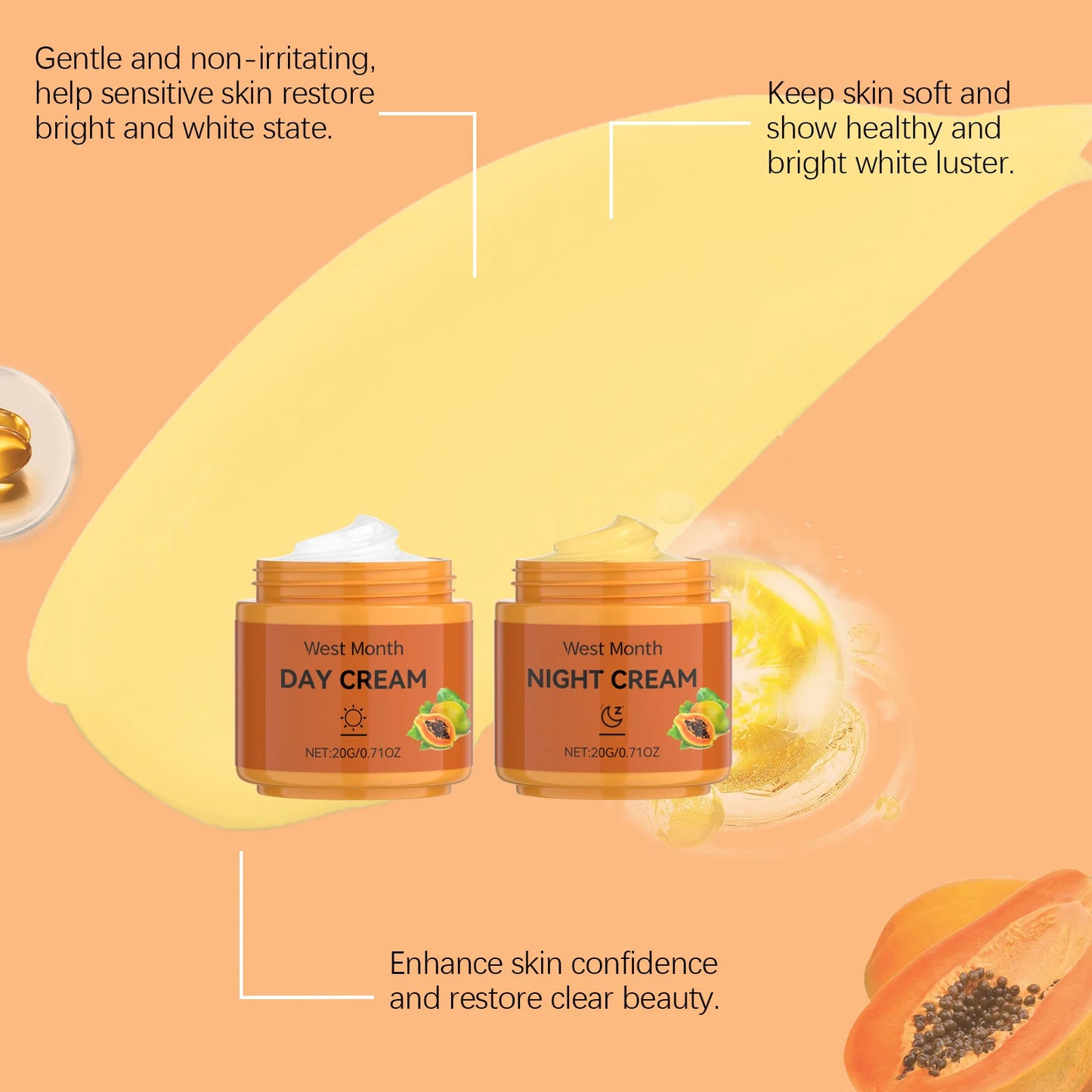 West&Month 40g Papaya Whitening Facial Care Cream Lighten Dark Spots Reduce Dullness Day Night Nourish Fade Melanin Face Cream