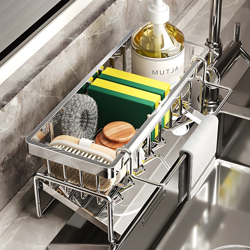 Over-Sink Kitchen Organizer - Sponge Holder & Drying Rack with Faucet Mount, Space-Saving Storage for Sponges and Brushes