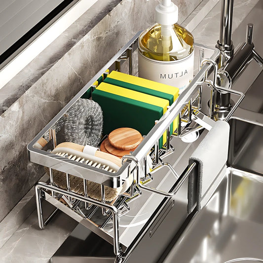 Over-Sink Kitchen Organizer - Sponge Holder & Drying Rack with Faucet Mount, Space-Saving Storage for Sponges and Brushes
