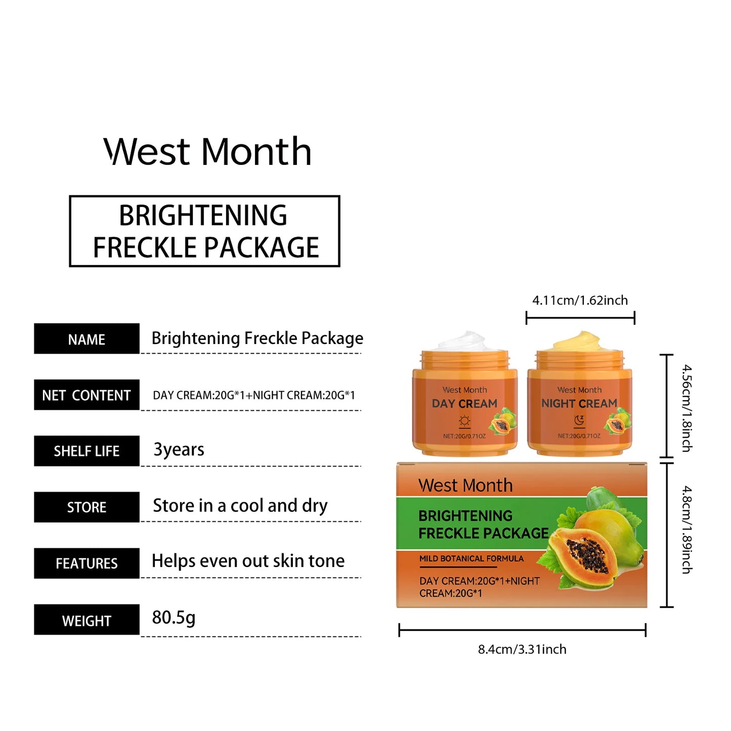 West&Month 40g Papaya Whitening Facial Care Cream Lighten Dark Spots Reduce Dullness Day Night Nourish Fade Melanin Face Cream