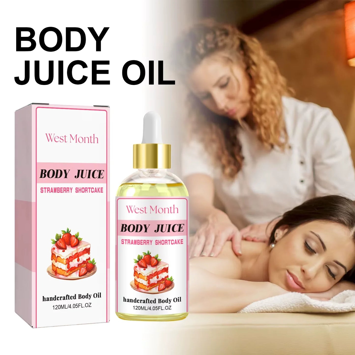 West&Month 120ml Strawberry Body Juice Oil Aloe Cleanser Serum Massage Aromatherapy Glow Relieve Dry Care Smooth Body Scent Oil