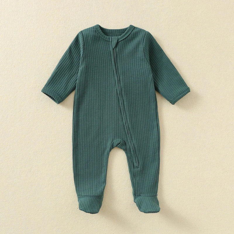 Baby Romper Long Sleeve Footed Cotton Zipper Front Outfit Spring Fall Newborn Unisex Ribbed Knitted Jumpsuit Pajamas Solid
