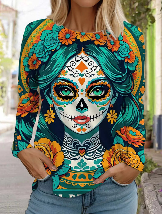 Sugar Skull Pattern Womens Long Sleeve Shirt Day of the Dead Shirts Fashion 3D Printed Tops Summer Gothic style Women's Clothing