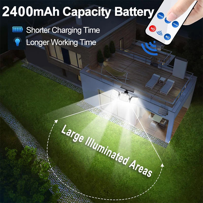 2pcs Outdoor 122 LED Solar SpotLight Security Light Remote Control 3 Heads Motion Sensor Wide Angle Flood Wall Light 3 Modes