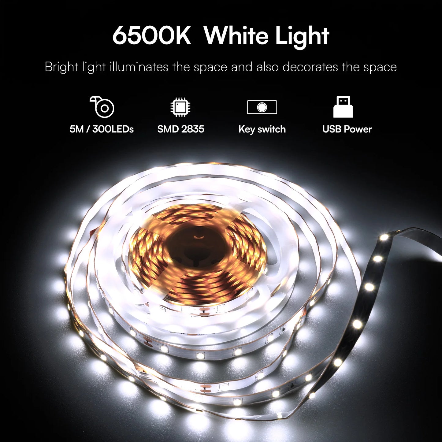 White LED Strip Light 16.4FT 5V USB Light Powered Flexible SMD2835 Tape Lights for Bedroom, TV Backlight, Kitchen, Mirror Dec