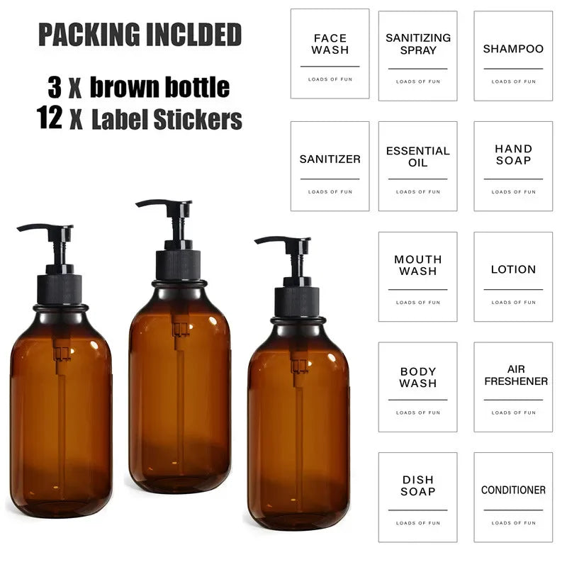 1/2/3PCS 500ML Brown Soap Dispenser With Lables Wall Mount Lotion Bottle Shower Gel Shampoo Empty Container For Bathroom Kitchen