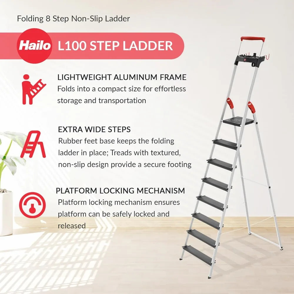 Folding Step Ladder, Non-Slip 8 Step Ladder for Garage, Home & Kitchen, L100, Silver/Black