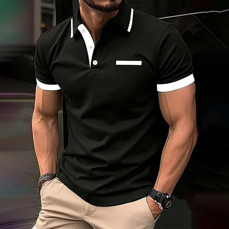 Spring Summer Men Clothes Short Sleeve Turn-down Collar Polo Shirt Fake Pocket Print Business Casual Polo Shirt Resilient Tops