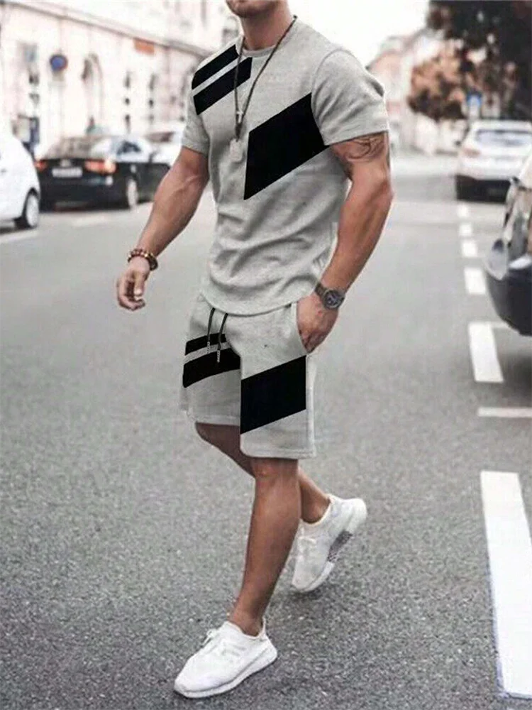 2025 Mens Summer Casual Suit Textured Printed Mixed Color Short Sleeve Outdoor Street Fashion Shorts Two Piece Pocket Loose Suit