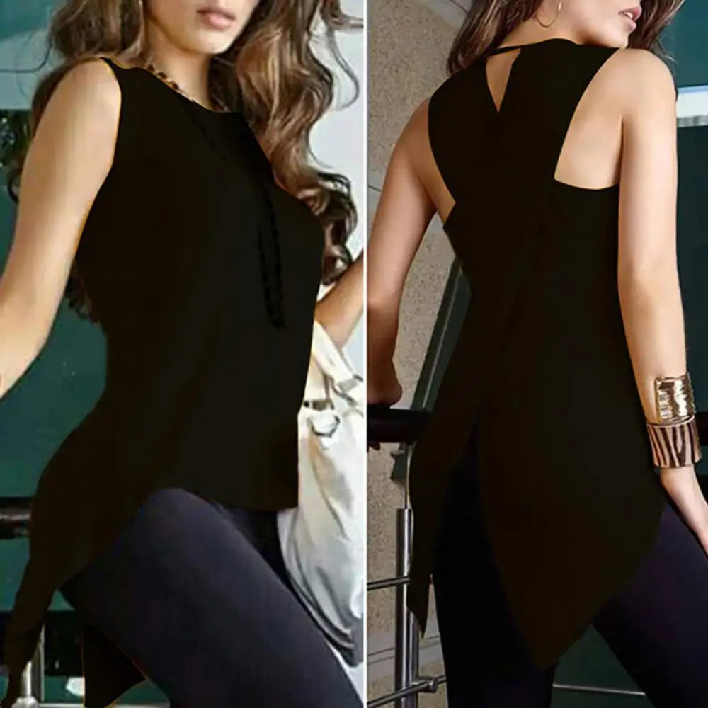 Hot apparel Summer Sexy Women Back Cross Irregular T Shirt Fashion Solid Color Sleeveless Slim Tank Top Vest