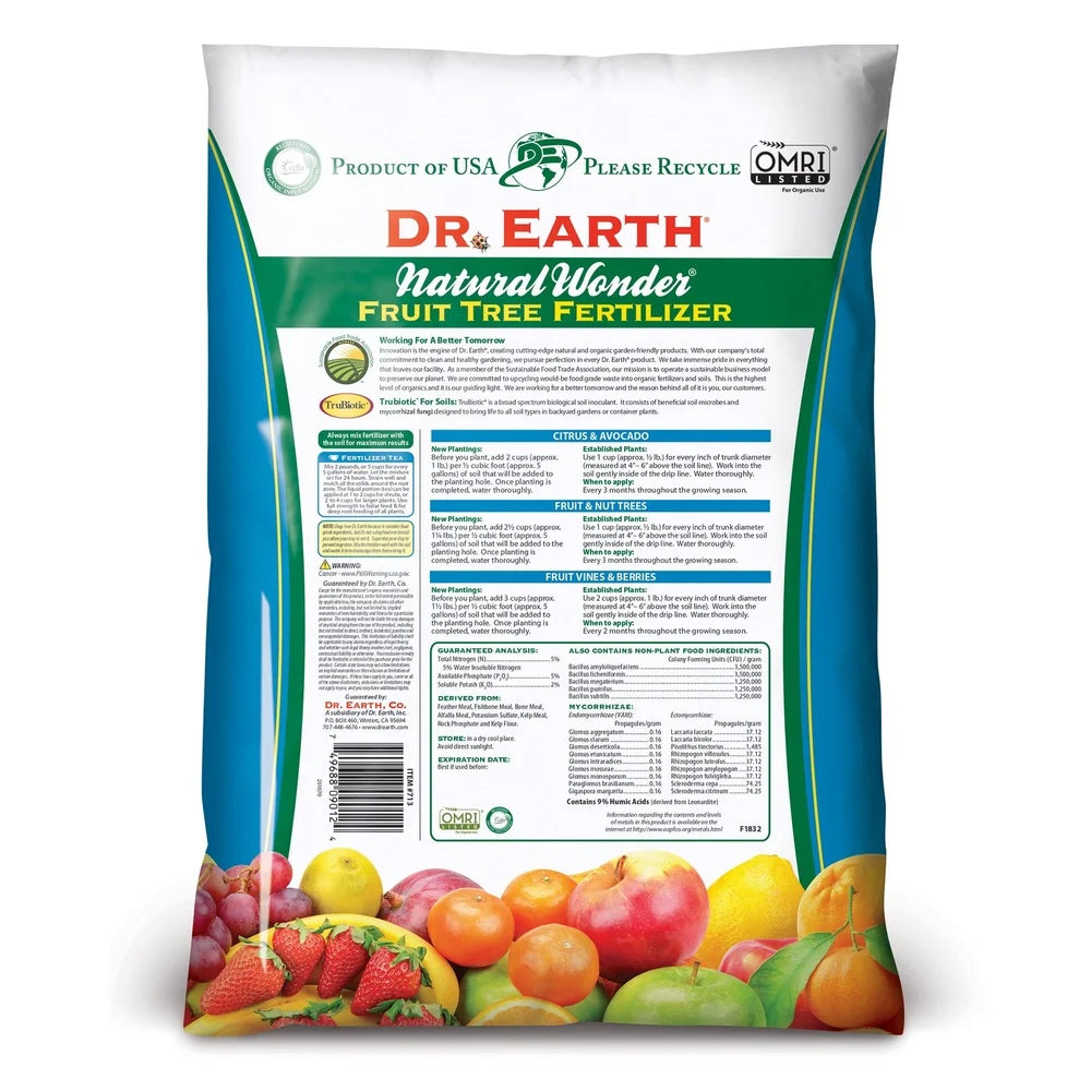 Natural Organic Fruit Tree Food Fertilizer 5-5-2 12 lb Certified Non GMO Quick Release Nutrients Safe People Pets Covers 180 sq