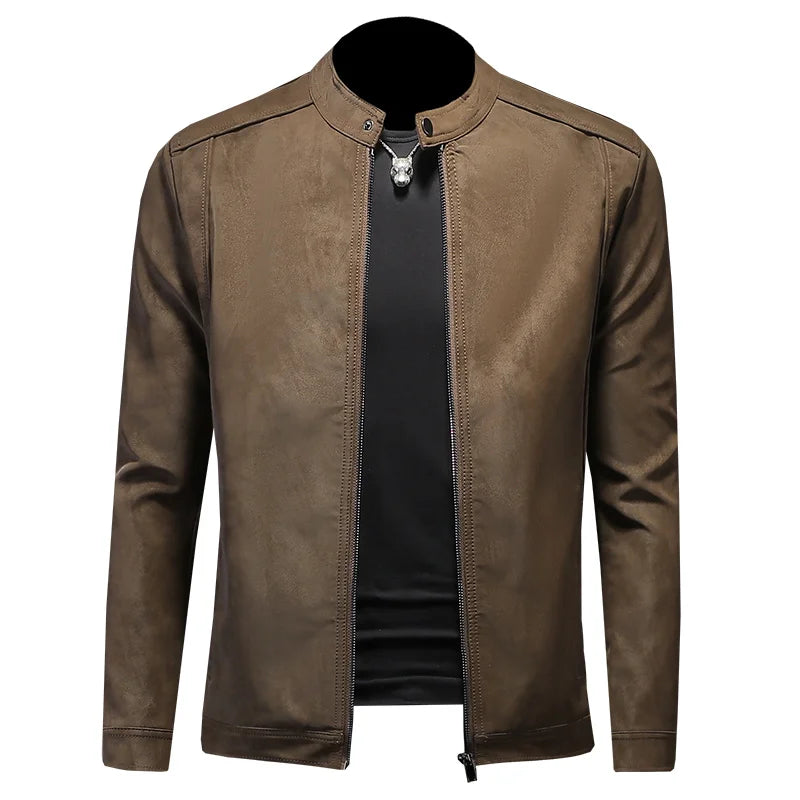 2025 new high-quality slim fit leather jacket, men's casual stand up collar motorcycle leather jacket,