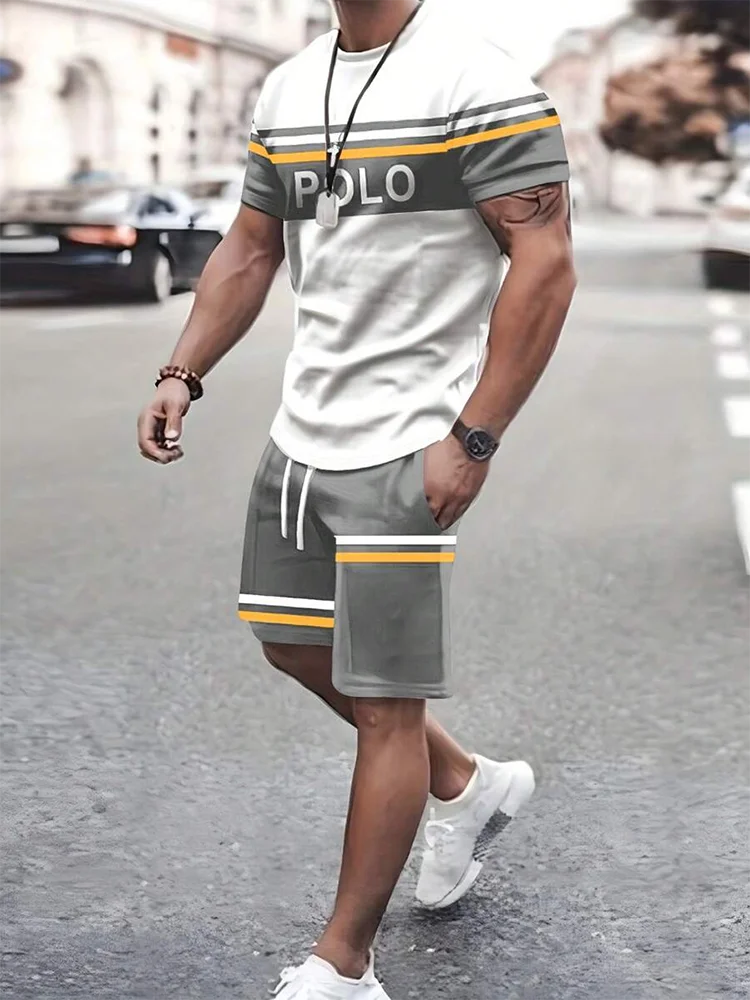 2025 Mens Summer Casual Suit Textured Printed Mixed Color Short Sleeve Outdoor Street Fashion Shorts Two Piece Pocket Loose Suit