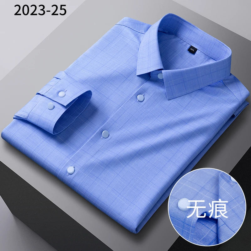 2025New Bamboo Fiber Men's Shirt Fashionable Business Casual Men Clothing Solid Color Elastic No-Iron Easy-Care Long-Sleeved Top