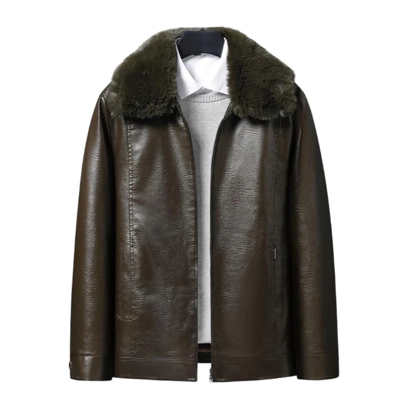 Winter Men Fleece Motor Biker Leather Jacket Man Lapel Thick Outwear Leather Coat Man Vintage Formal Fashion Leather Windbreaker