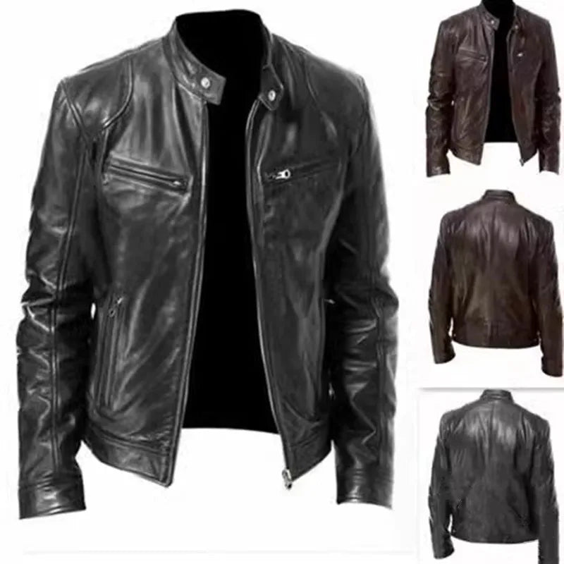 2023 Fashion Mens Leather Jacket Slim Fit Stand Collar PU Jacket Male Anti-wind Motorcycle Lapel Diagonal Zipper Jackets Men