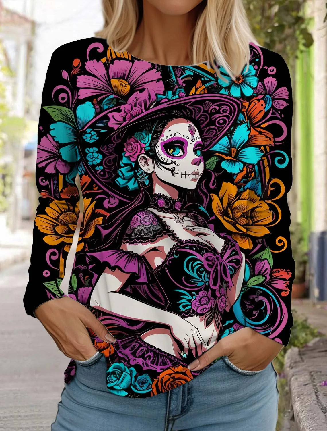 Sugar Skull Pattern Womens Long Sleeve Shirt Day of the Dead Shirts Fashion 3D Printed Tops Summer Gothic style Women's Clothing