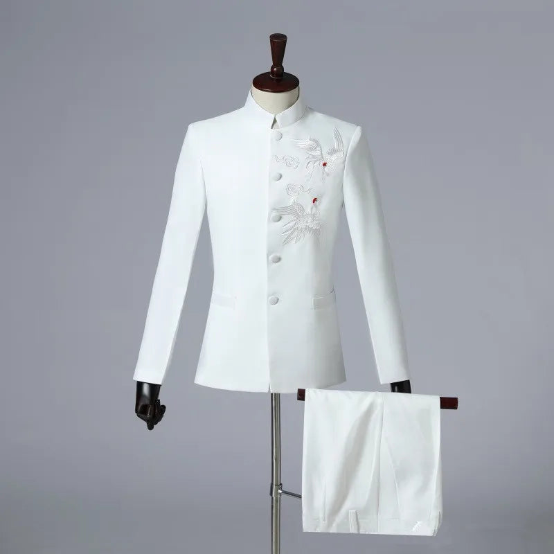 2025 New Men Chinese Style Embroidered Standing Collar Suit 2 Piece Fashion Homme Wedding Prom Party Performance Blazer and Pant