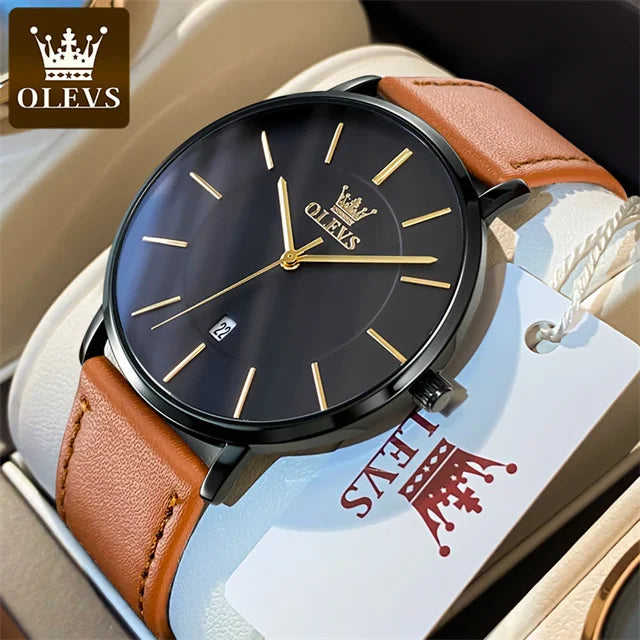 Top Brand OLEVS Ultra Thin 6.5mm Minimalist Fashion Quartz Watch for Men Leather Strap Auto Date Male Waterproof Mens Wristwatch