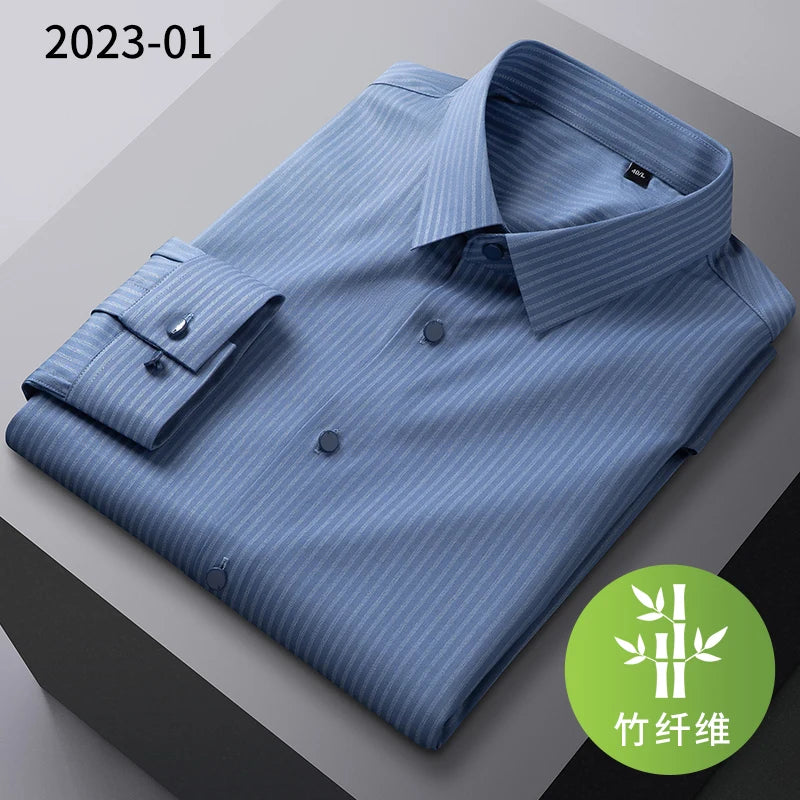 2025New Bamboo Fiber Men's Shirt Fashionable Business Casual Men Clothing Solid Color Elastic No-Iron Easy-Care Long-Sleeved Top