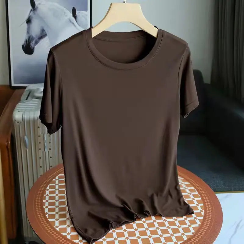 Fashion 2025 New Korean Women's Modal ONeck Short Sleeve T-Shirt Coffee Solid Color Casual Summer Lady Clothing Tee Basic Top