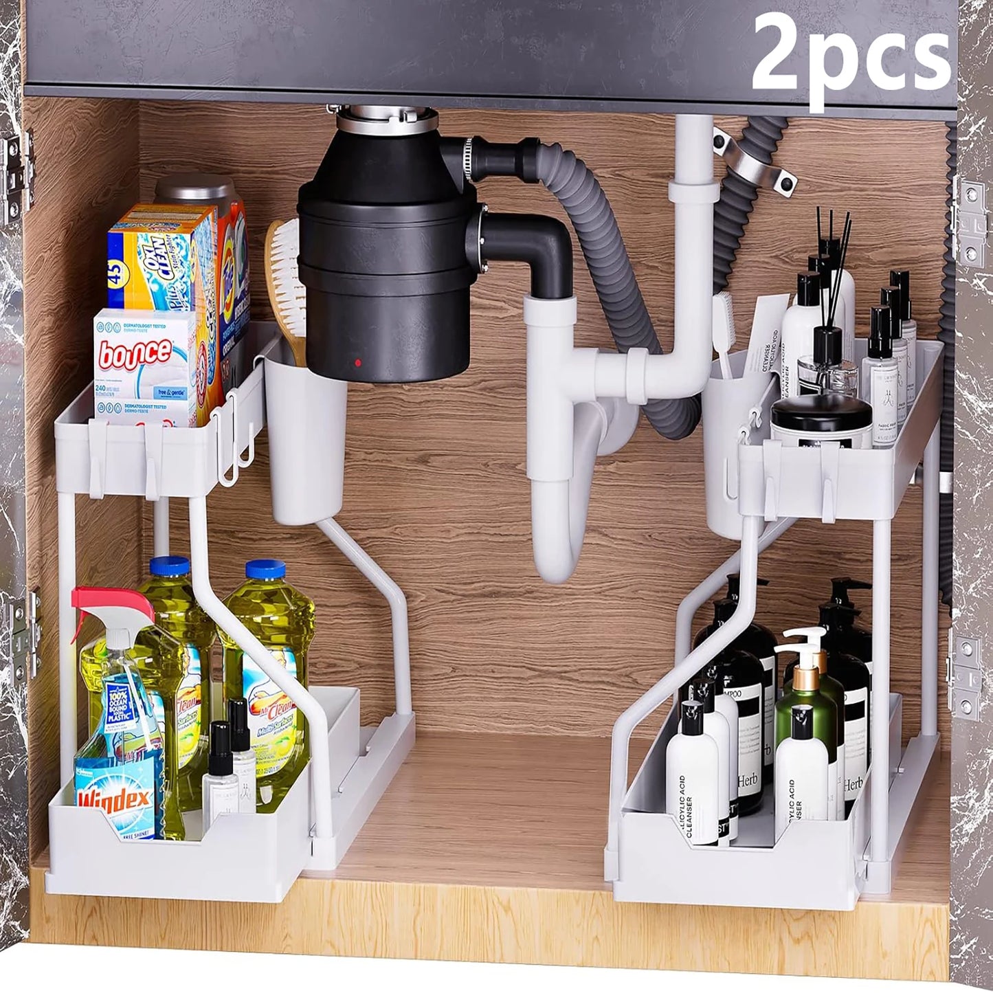 2-Piece Double-Tier Pull-Out Under-Sink Storage Rack Set Kitchen and Bathroom Sink Shelving Unit, Storage Rack
