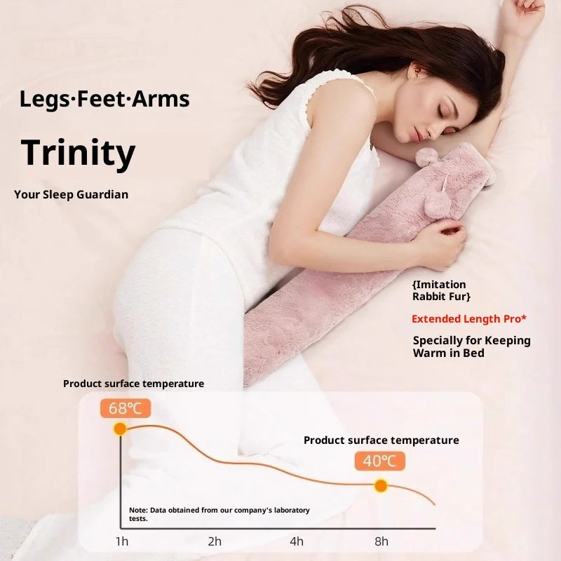 2000ML Extra Long Hot Water Bottle 76x10cm Soft Plush Removable Cover for Waist Back Hand Foot Warmth Pain Relief Winter Use