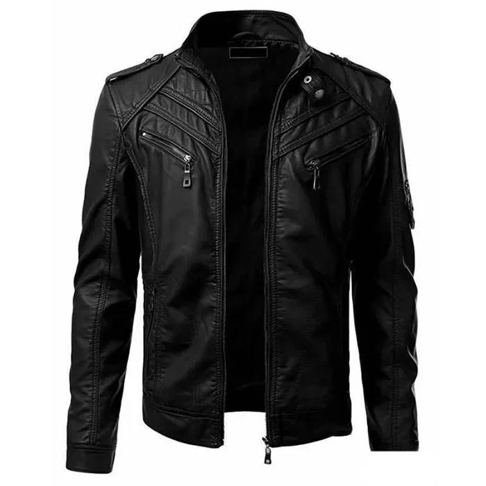 The new casual high-end fashion leather coat men sell European and American solid color handsome stand-up collar jacket