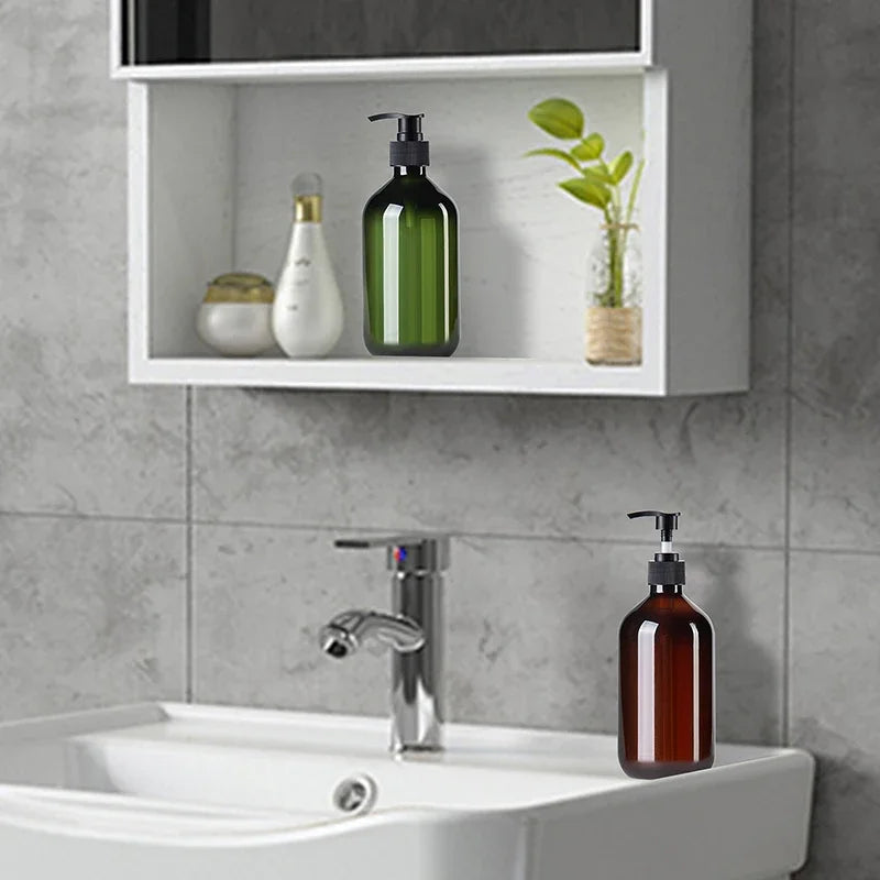 2pcs Brown Green Lotion Bottles 500ML Soap Dispenser Round Bottles with 6 Pieces/12 Pieces Black Label Bathroom Accessories